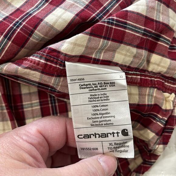 Men's Carhartt Red/Cream Plaid Short Sleeve Button Down Shirt Size XL - Picture 5 of 5